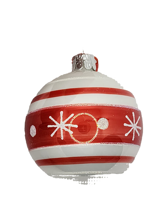 Red and white striped ornament with snowflake designs against a light background