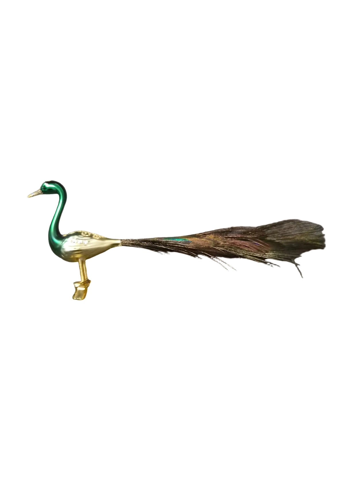 A decorative peacock figurine with a green neck, gold body, and peacock tail feathers