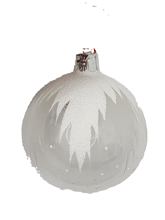 Clear European glass bauble with white frosted top pattern