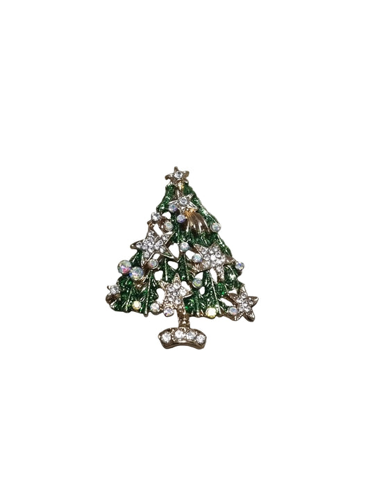 Decorative brooch shaped like a Christmas tree with green and gold colors 