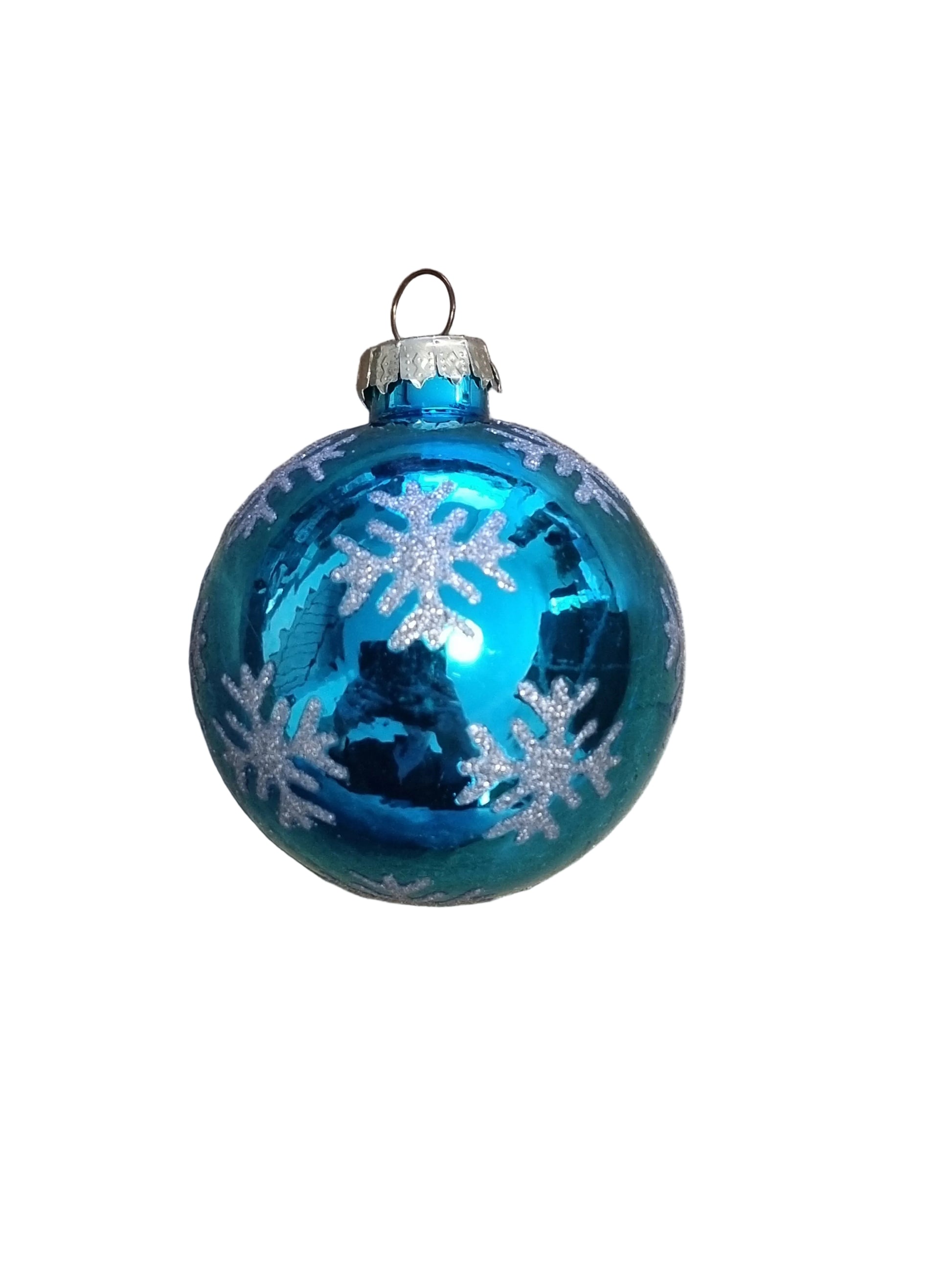 Blue glass ornament with snowflake pattern 