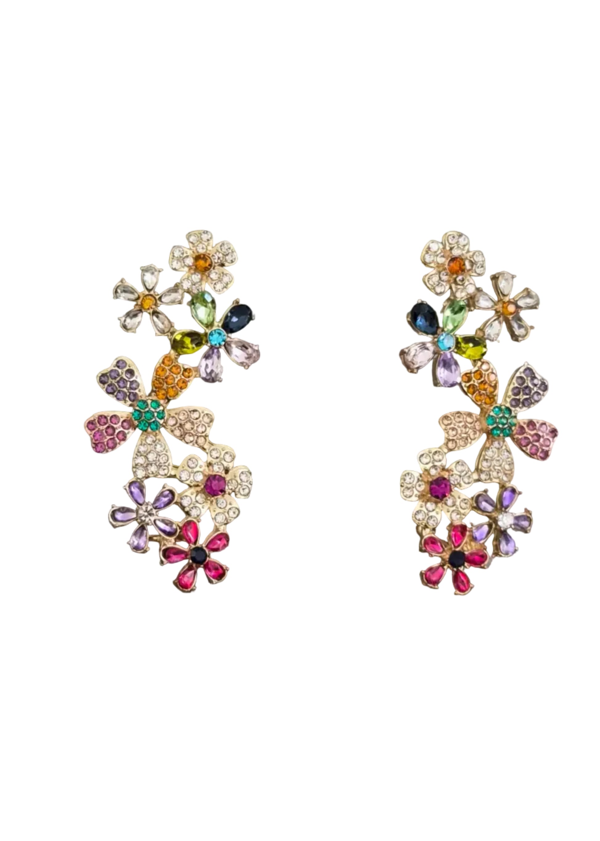 A pair of gold-toned floral drop earrings adorned with multicolored rhinestones,.