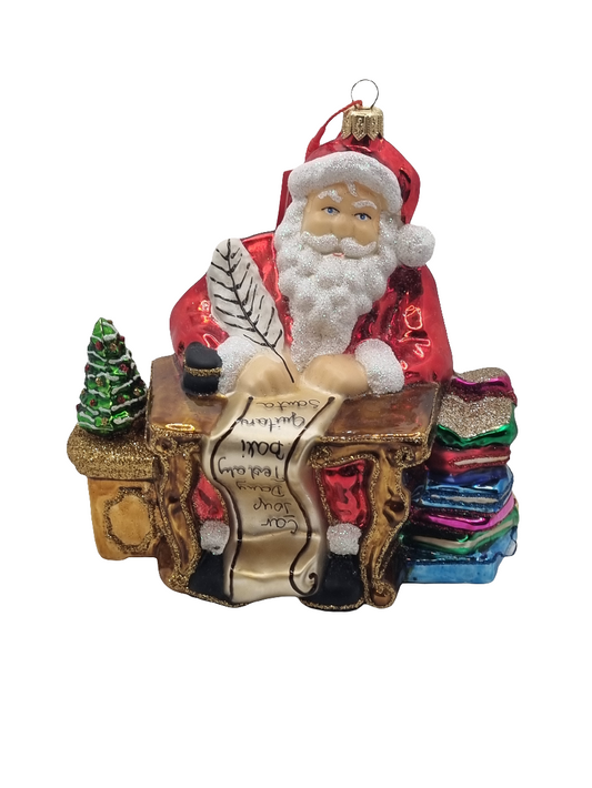 European Glass Christmas ornament of a Santa | Desk with Naughty or Nice List and Presents (Z)