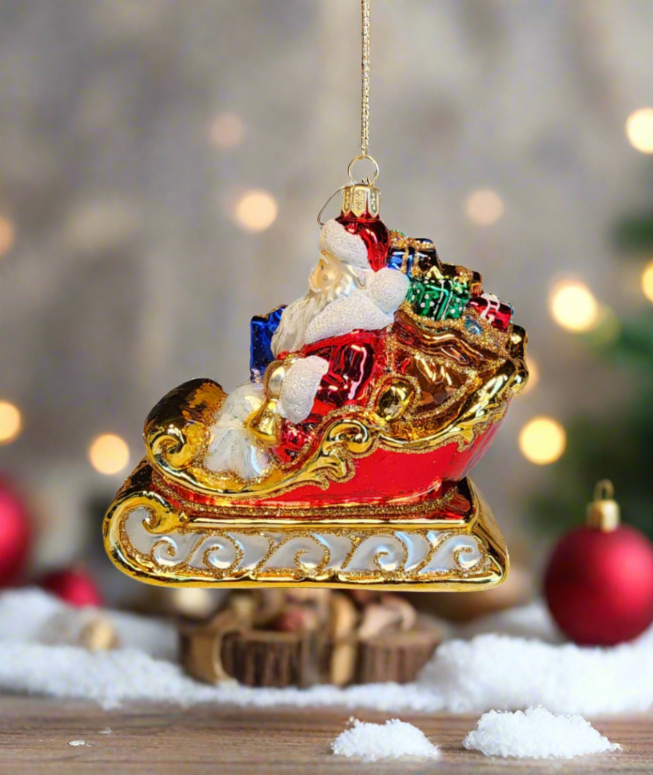 European Glass Christmas ornament of a Santa | in Sleigh with Presents (Z)