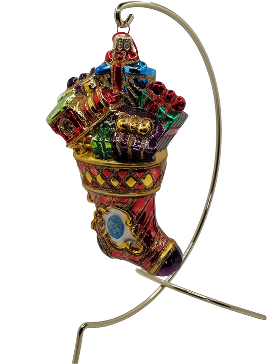 European Glass Christmas ornament of a Stocking with Presents (X)