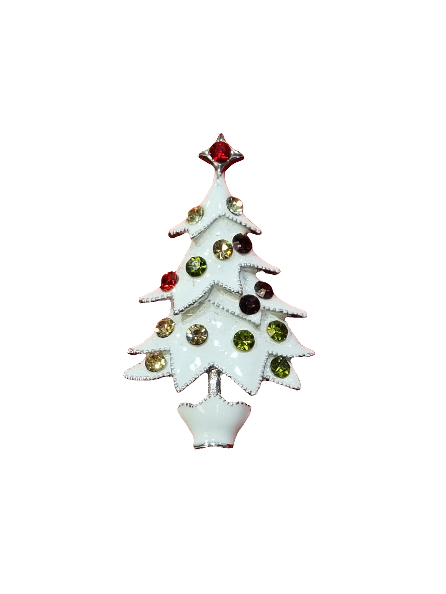European Glass Christmas ornament of a White Potted Christmas Tree with Colourful Crystals | Brooch V